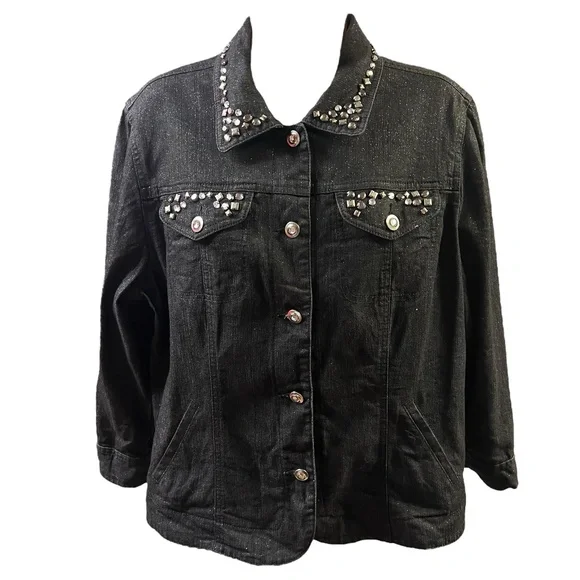 Ruby Rd Denim Jacket Black Embellished 3/4 Sleeve Glam Sparkle Rhinestone 14 - Picture 2 of 10